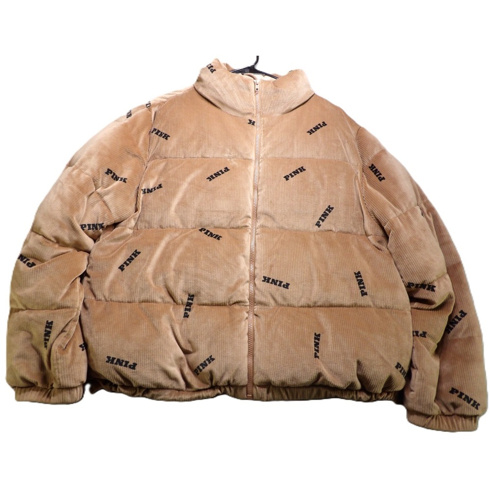 Victoria's Secret PINK Women Tan Corduroy All Over Logo Zip Puffer Jacket XL Top